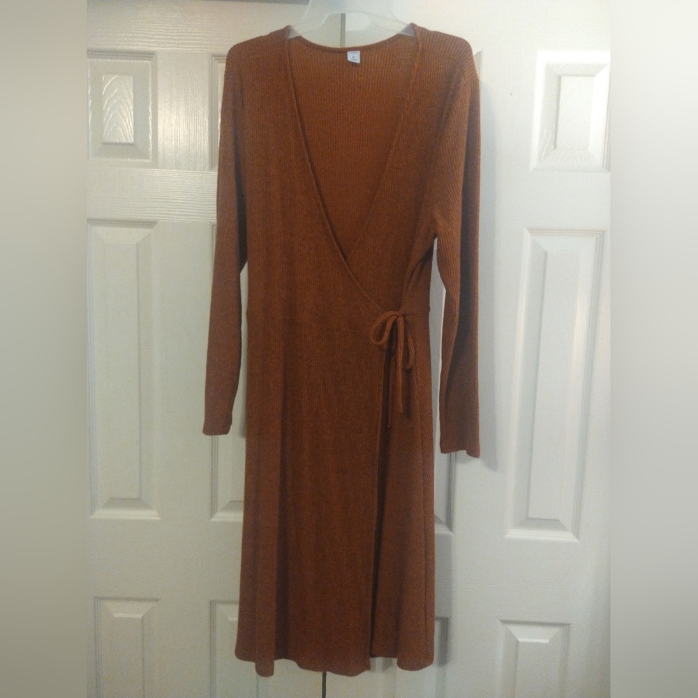 Women's Navy XL Wrap Dress Brown/pumpkin color long sleeve,tie Dress